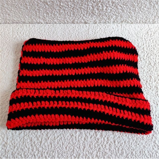 Cat Ear Striped Knit Beanie - Black & Red / One Size