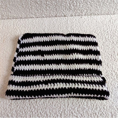 Cat Ear Striped Knit Beanie - Black & White / One Size