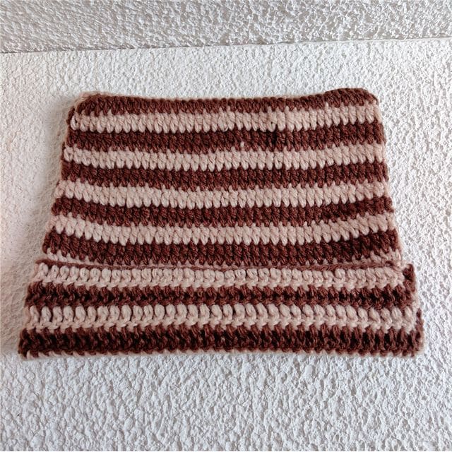 Cat Ear Striped Knit Beanie - Coffee & Beige / One Size