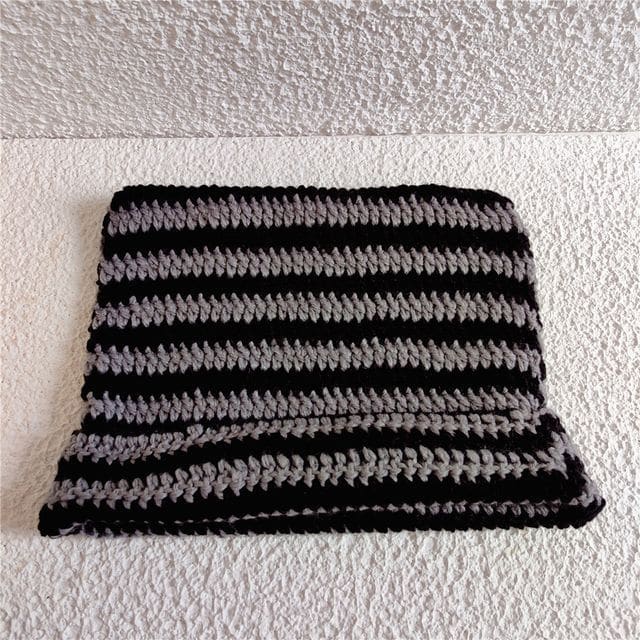 Cat Ear Striped Knit Beanie - Gray & Black / One Size