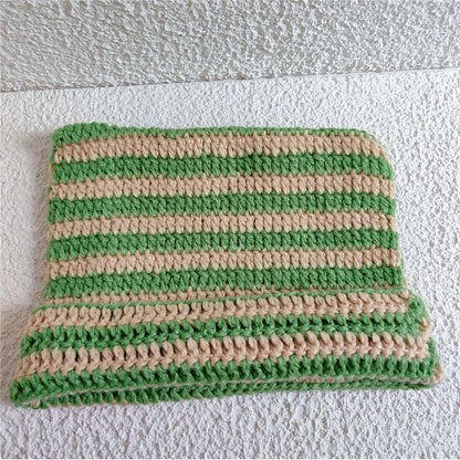 Cat Ear Striped Knit Beanie - Green & Beige / One Size