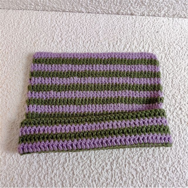 Cat Ear Striped Knit Beanie - Green & Purple / One Size