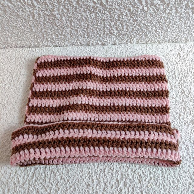 Cat Ear Striped Knit Beanie - Pink & Coffee / One Size