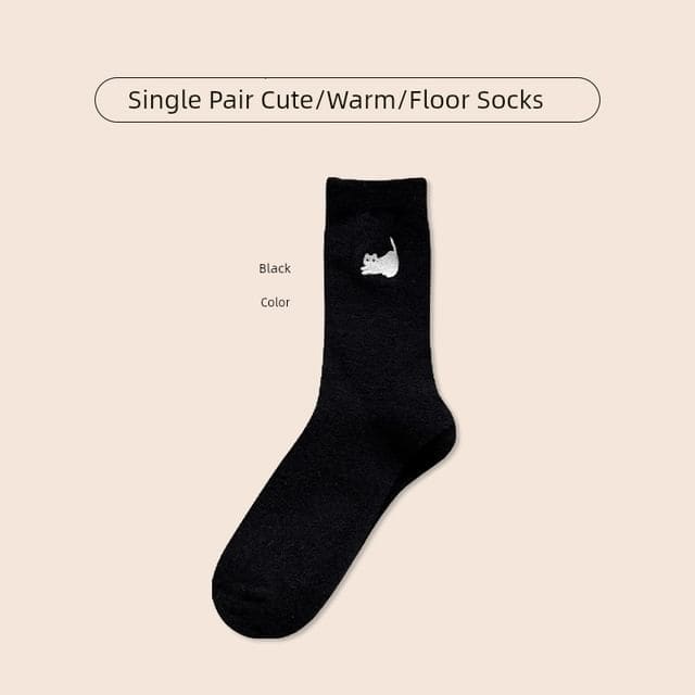 Cat Embroidered Fleece Short Socks / Set - 1 Pair - Black