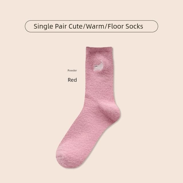 Cat Embroidered Fleece Short Socks / Set - 1 Pair - Pink