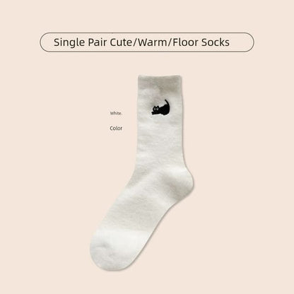 Cat Embroidered Fleece Short Socks / Set - 1 Pair - White