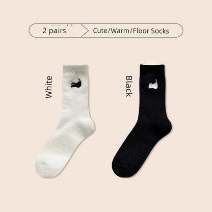 Cat Embroidered Fleece Short Socks / Set - Set of 2 Pair