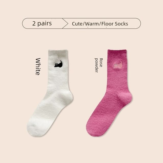 Cat Embroidered Fleece Short Socks / Set - Set of 2 Pair