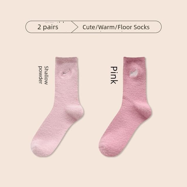 Cat Embroidered Fleece Short Socks / Set - Set of 2 Pair