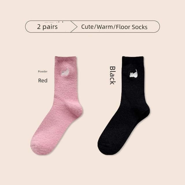 Cat Embroidered Fleece Short Socks / Set - Set of 2 Pair