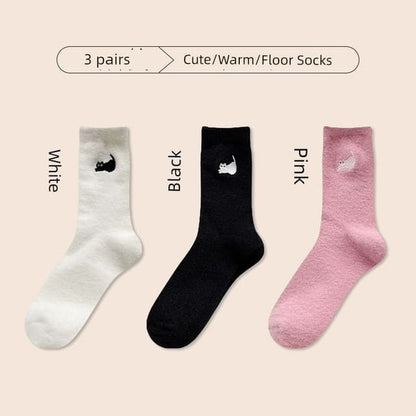 Cat Embroidered Fleece Short Socks / Set - Set of 2 Pair