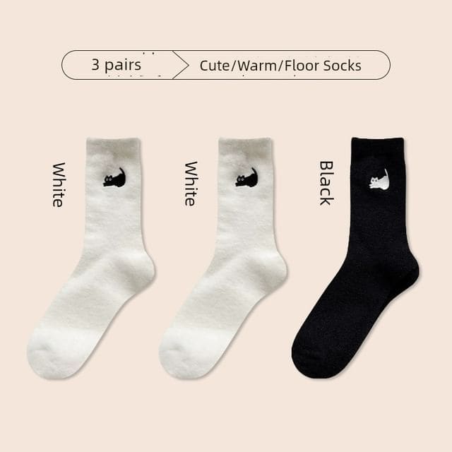 Cat Embroidered Fleece Short Socks / Set - Set of 2 Pair