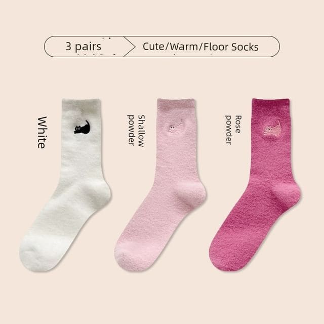 Cat Embroidered Fleece Short Socks / Set - Set of 3 Pair