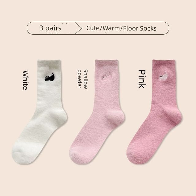 Cat Embroidered Fleece Short Socks / Set - Set of 3 Pair