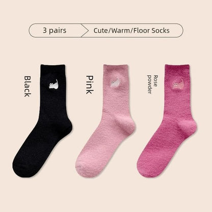 Cat Embroidered Fleece Short Socks / Set - Set of 3 Pair