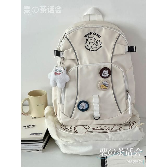 Cat Embroidered Multi-Pocket Backpack / Bag Charm / Set