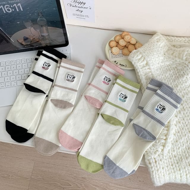 Cat Embroidered Socks Set - 2 Pairs - Black & Coffee