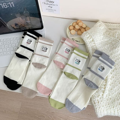 Cat Embroidered Socks Set - 2 Pairs - Gray & Coffee