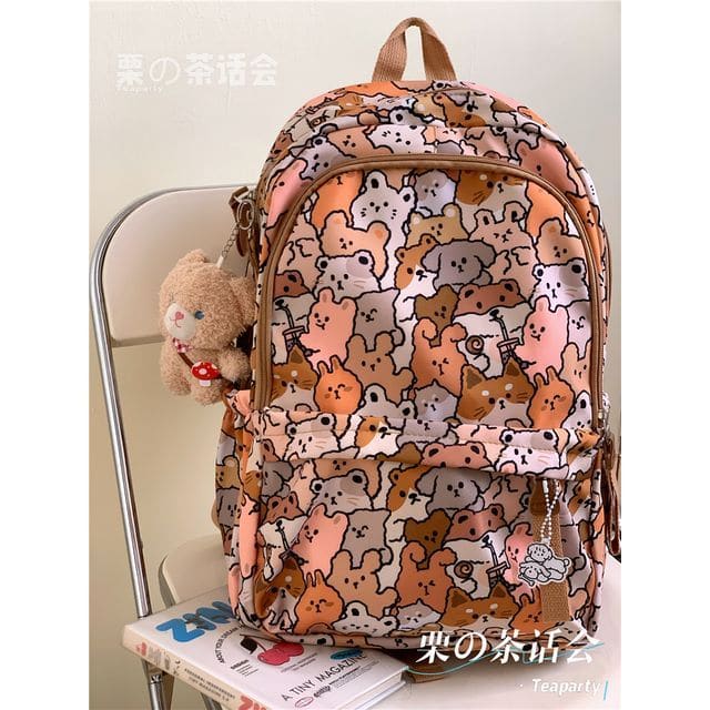 Cat Print Backpack / Bag Charm / Pin / Set - With Brown