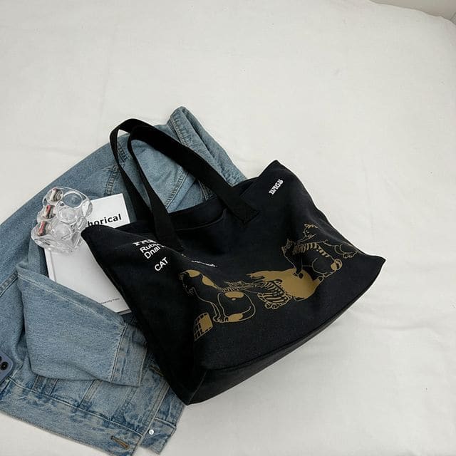 Cat Print Canvas Tote Bag - Black / One Size