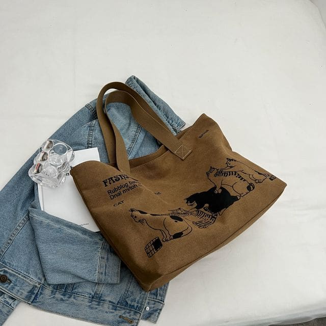 Cat Print Canvas Tote Bag - Brown / One Size