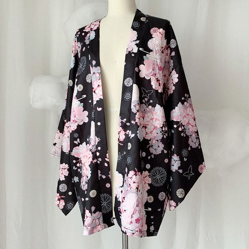 Cat Sakura Print Loose Cardigan Kimono Outerwear