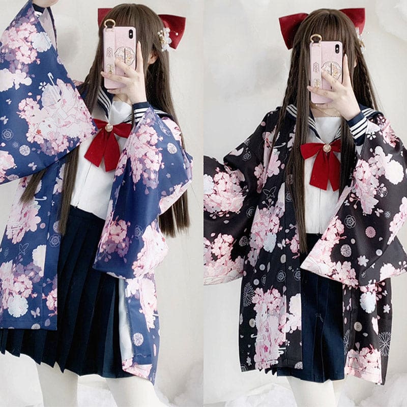 Cat Sakura Print Loose Cardigan Kimono Outerwear