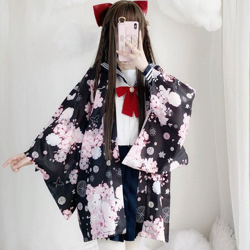 Cat Sakura Print Loose Cardigan Kimono Outerwear - Black