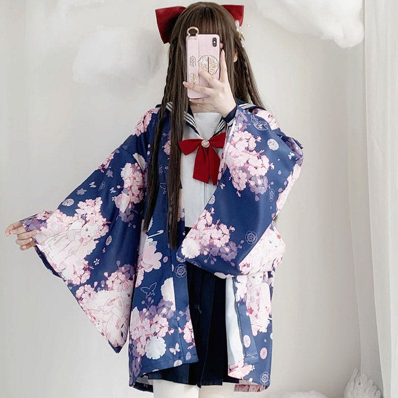 Cat Sakura Print Loose Cardigan Kimono Outerwear - Blue