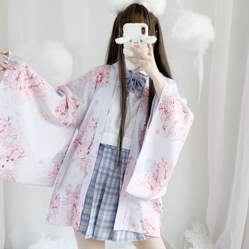 Cat Sakura Print Loose Cardigan Kimono Outerwear - Light