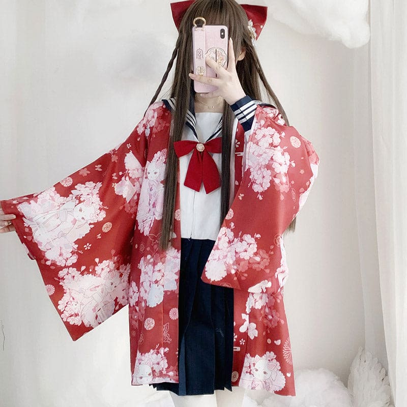 Cat Sakura Print Loose Cardigan Kimono Outerwear - Red