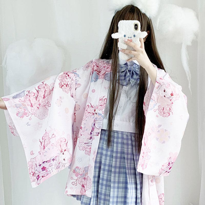 Cat Sakura Print Loose Cardigan Kimono Outerwear - White