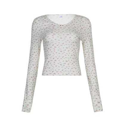 Causal White Flowers Top - long sleeve tops