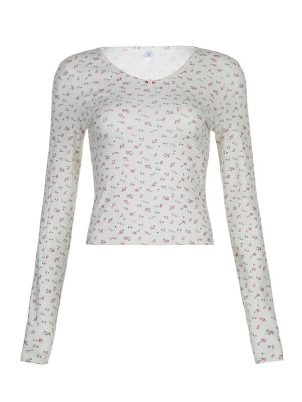 Causal White Flowers Top - long sleeve tops