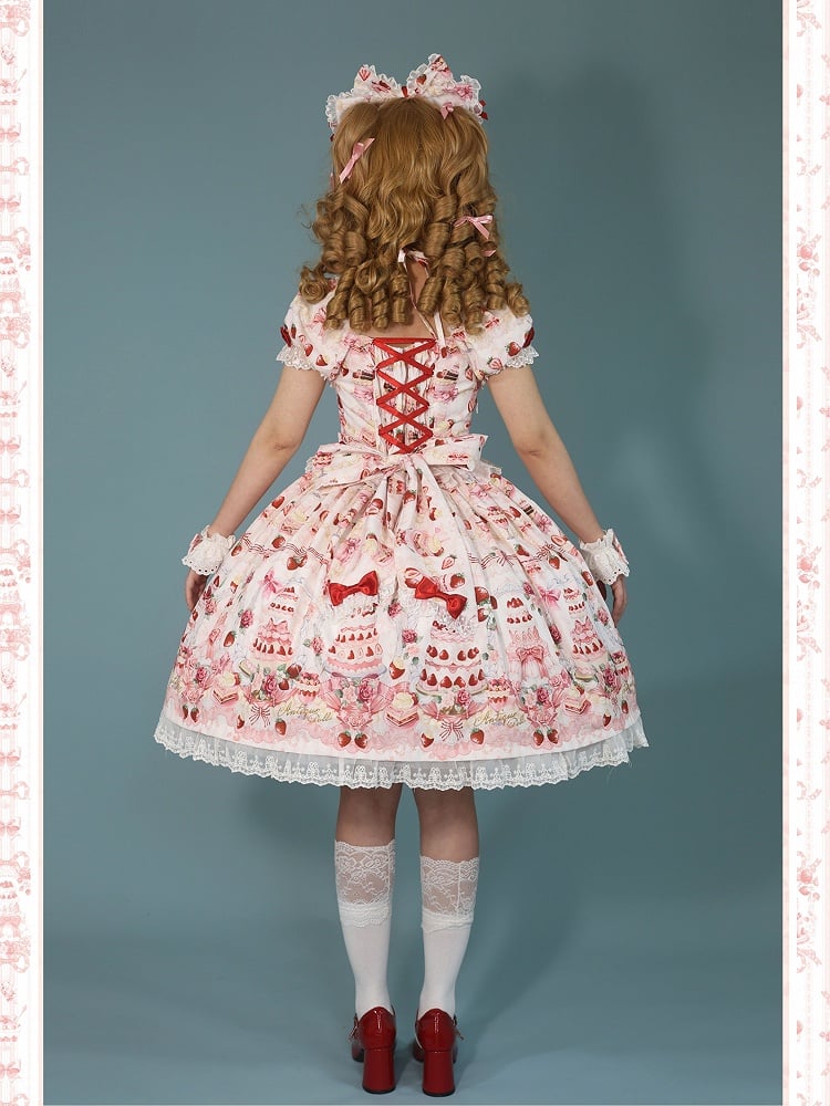 Sweet Cake White / Print Bow Accents Lolita Strawberry Set Full Dress