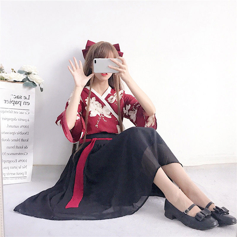 Floral Red Black Hanfu Costume Set