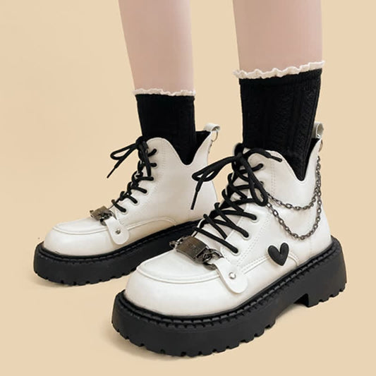 Chain Decor Love Heart Platform Round White Toe Boots