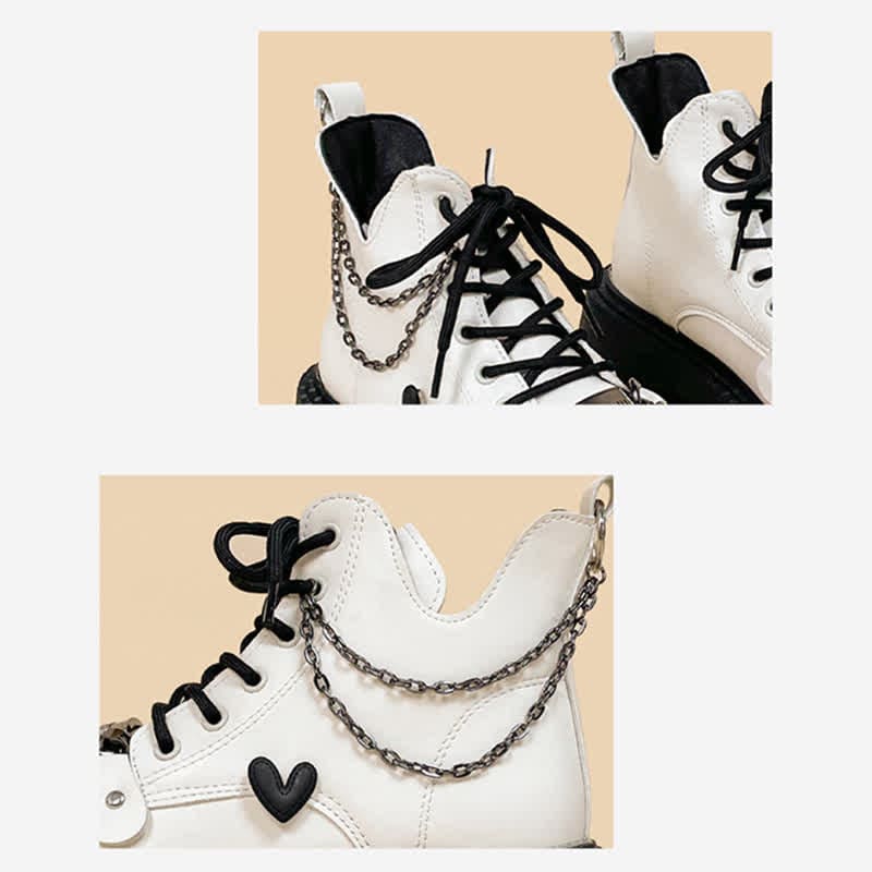 Chain Decor Love Heart Platform Round White Toe Boots