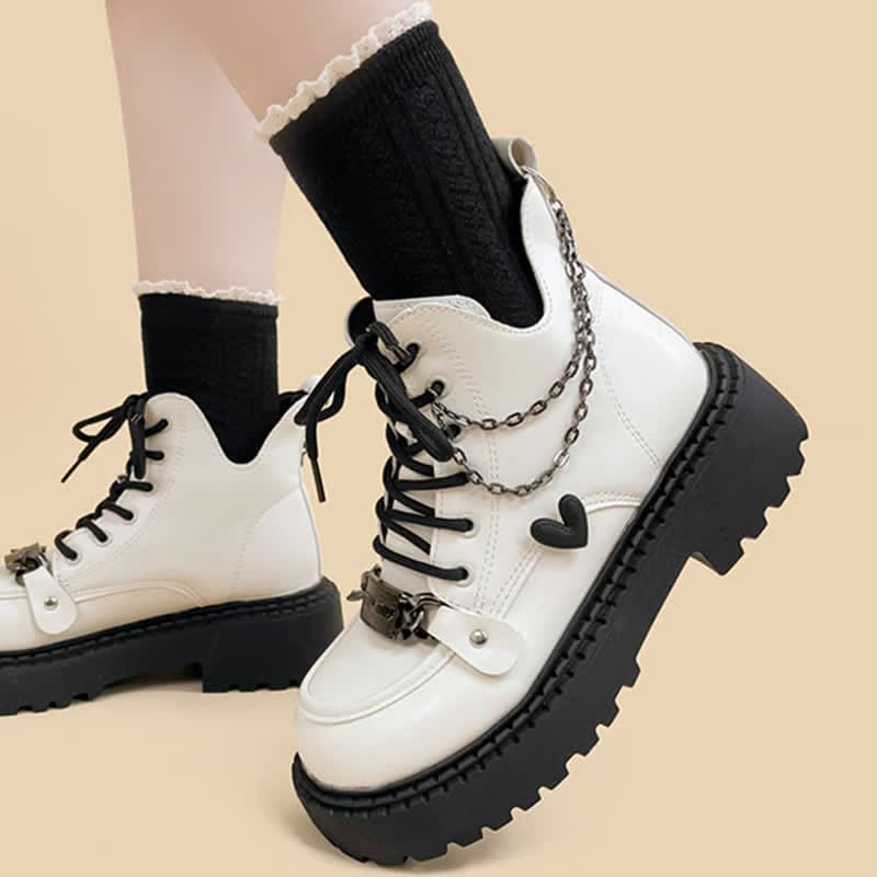 Chain Decor Love Heart Platform Round White Toe Boots