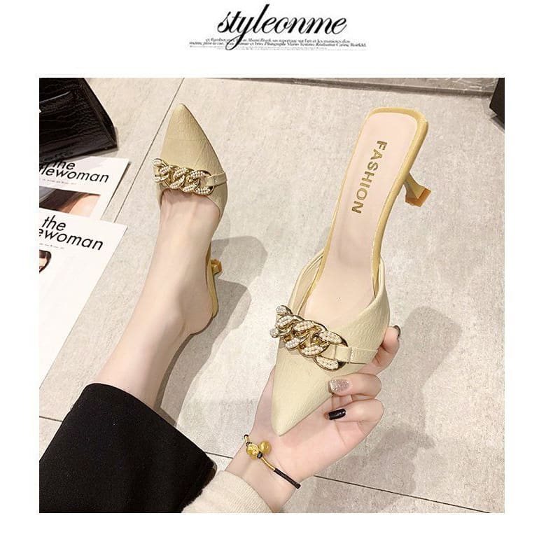 Chain Detail Pointed High Heel Mules