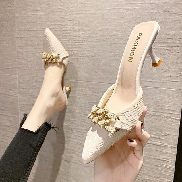 Chain Detail Pointed High Heel Mules