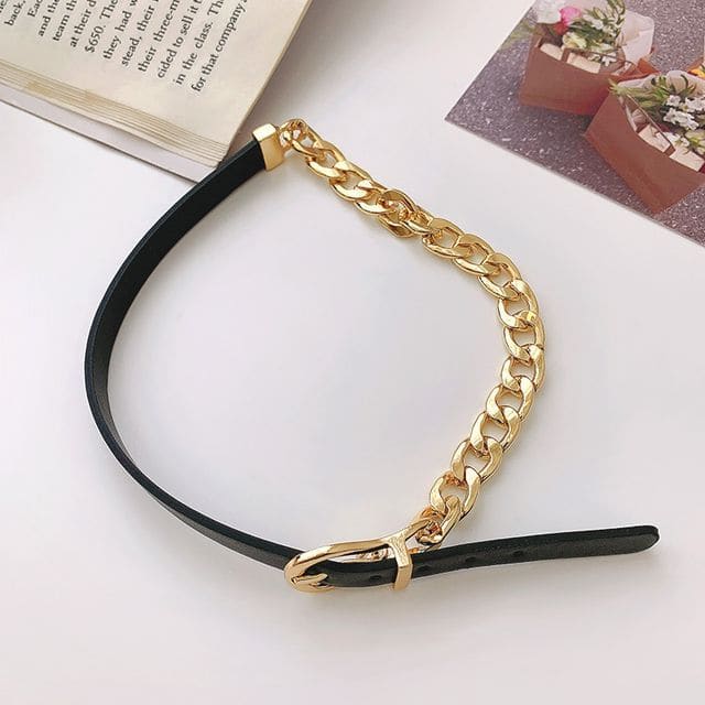 Chain Faux Leather Buckle Choker - G1318 - Black / One Size