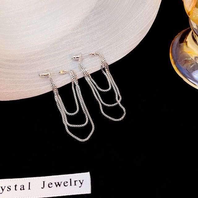 Chain Fringed Drop Earring - 1 Pair - E1769-2 - Silver