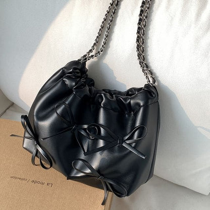 Chain Strap Bow Faux Leather Shoulder Bag - Black / One SIze