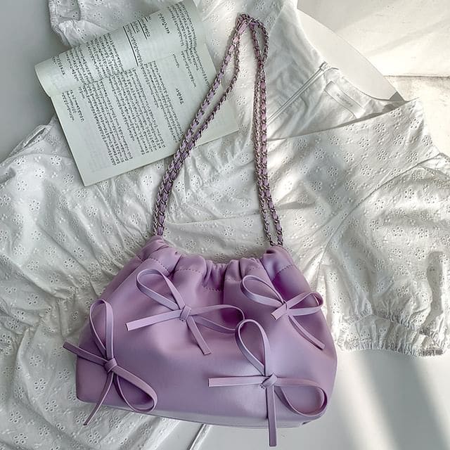 Chain Strap Bow Faux Leather Shoulder Bag - Purple