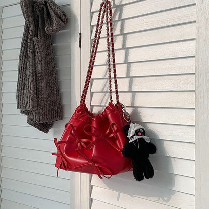 Chain Strap Bow Faux Leather Shoulder Bag - Red / One SIze