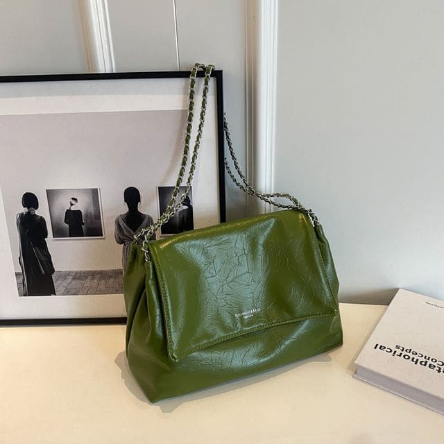 Chain Strap Flap Tote Bag - Green / One Size