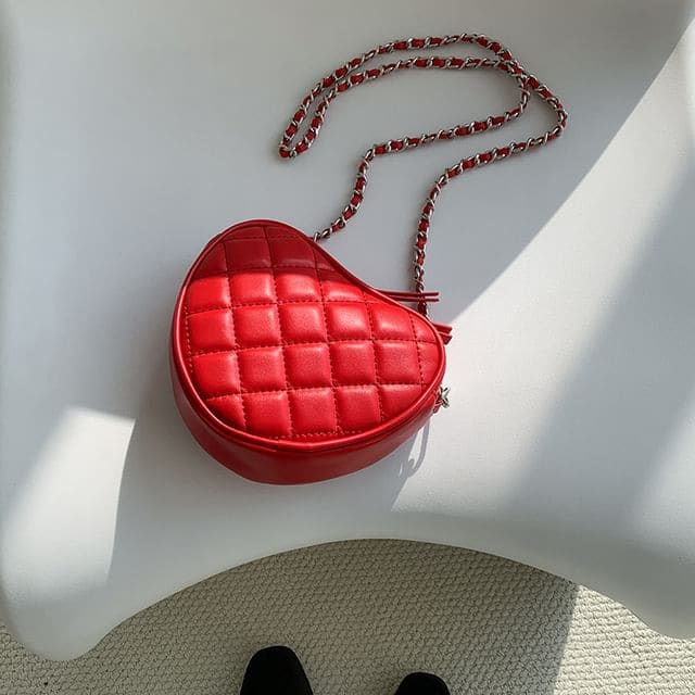 Chain Strap Heart Quilted Crossbody Bag - Red / One SIze