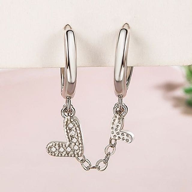 Chained Drop Huggie Earring - 1pc - Love Heart - Silver