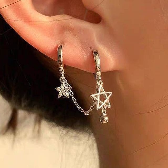 Chained Drop Huggie Earring - 1pc - Star - Silver / One Size